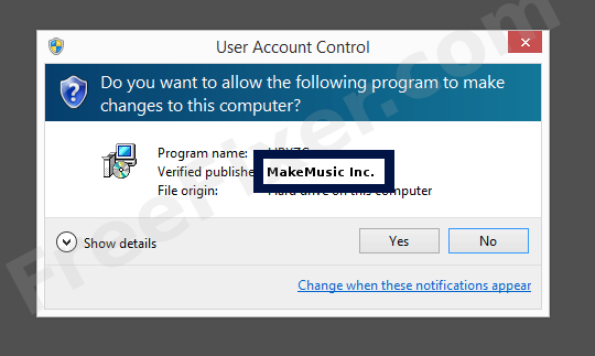 Screenshot where MakeMusic Inc. appears as the verified publisher in the UAC dialog